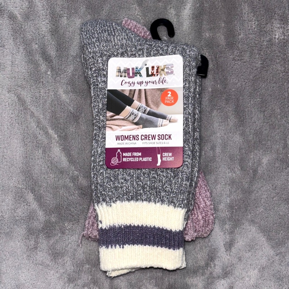 Muk Luks Cozy Up Your Life Crew Height Socks Womens OS (6-11) Purple Gray 2 Pack